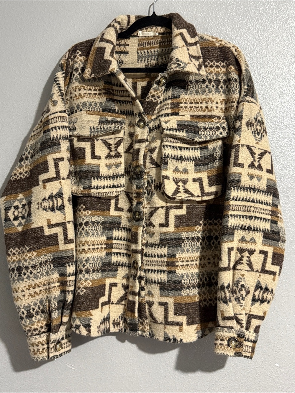 Southwestern Pattern Button-Up Shacket in Cream, Brown & Tan